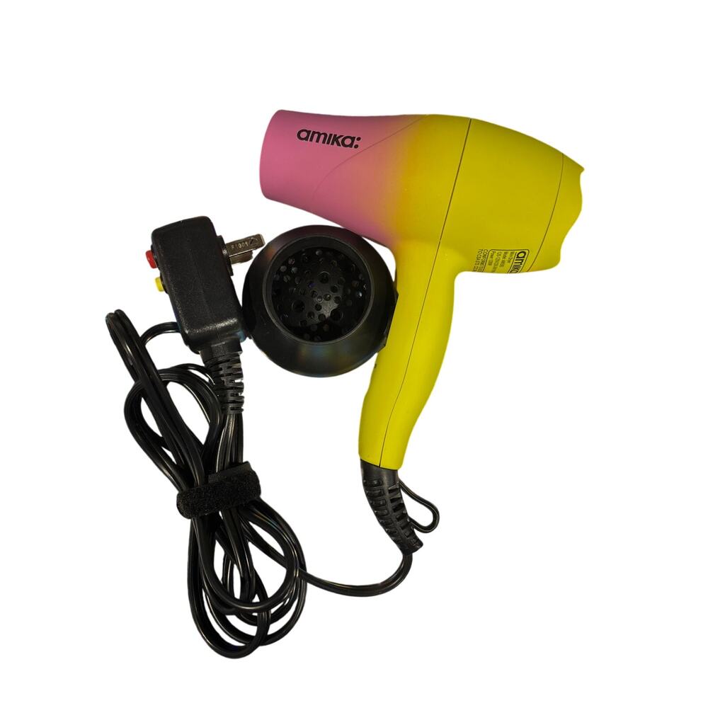Amika Mini Ionic Hair Dryer Lemonade Yellow and Pink Includes Diffuser 1200W